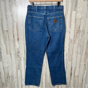 Vintage 90s Carhartt Blue Denim Leather Logo Straight Leg Jeans Mens 30‎ x 30